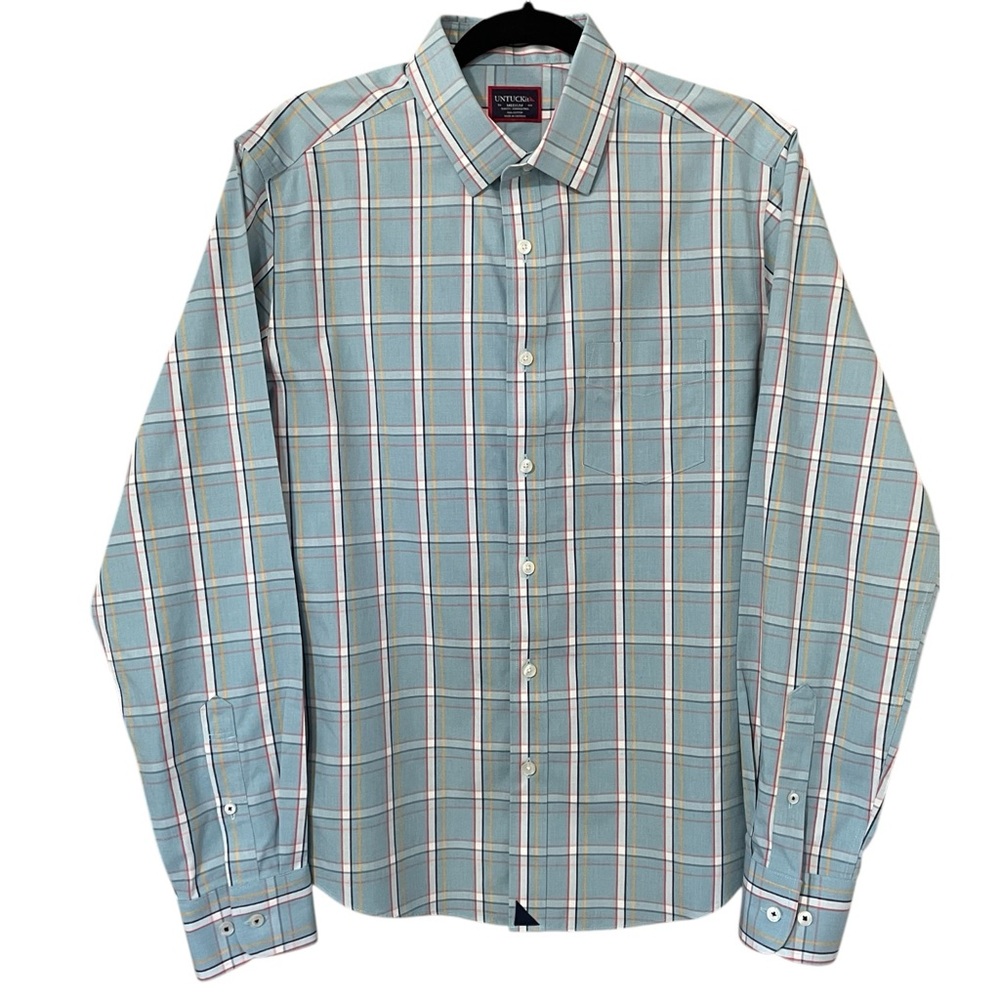 UNTUCKit Mens Wrinkle-Free Dalem Shirt Blue/White Plaid Slim Button Down Medium